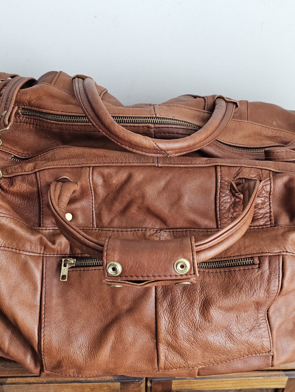 Vintage Genuine Leather Patchwork Weekender Duffel Travel Bag Cognac Brown Large - Picture 3 of 15
